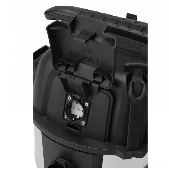 Industriell støvsuger 30L Dewalt, nærbilde av åpen elektrisk kontakt og detaljer i plast under lokk.