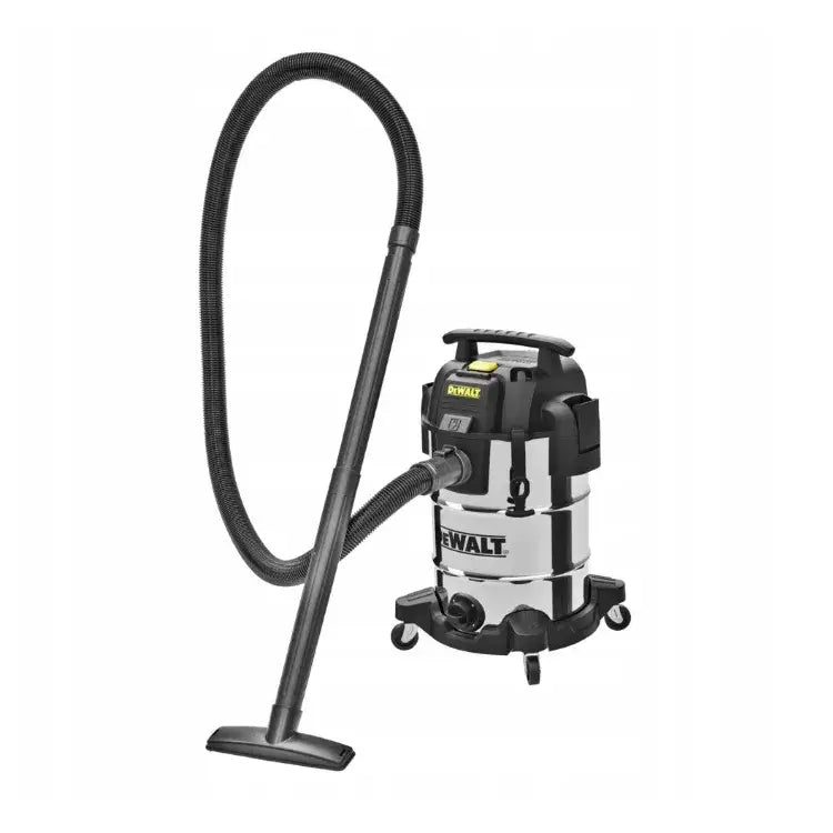 Industriell støvsuger 30L Dewalt, skråvisning som fremhever stor beholder, fleksibel slange og bredt munnstykke.