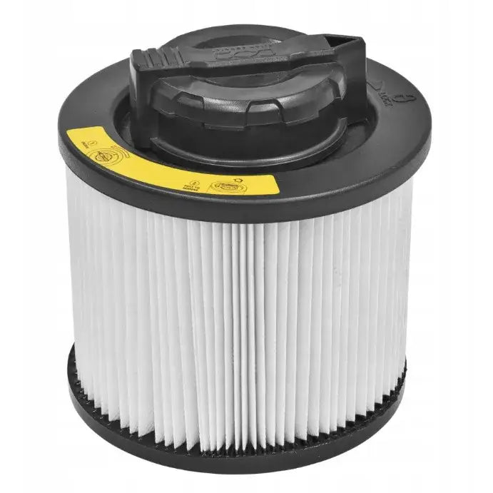 Sylinderformet filter til industriell støvsuger, hvite plisser og sort lokk med håndtak, sett skrått ovenfra.