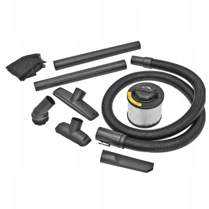 Industriell støvsuger 30L Dewalt, sett ovenfra med komplett tilbehør som slange, munnstykker og filter.