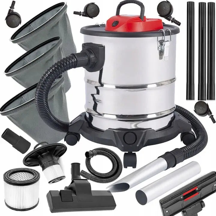 Industriell støvsuger i metall med rødt lokk, komplett med filtre, slanger og ulike munnstykker mot hvit bakgrunn.