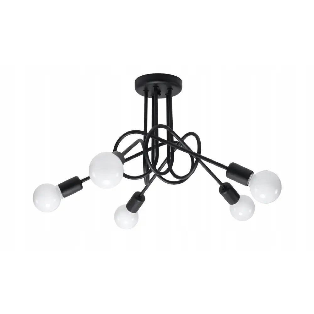 Industriell taklampe Sollux LED i sort metall med seks armer og hvite runde lyspærer, sett fra skrå vinkel.