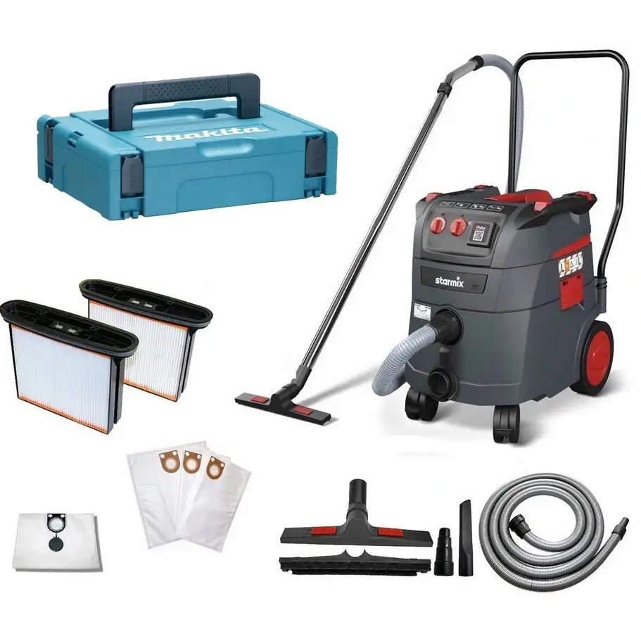 Industristøvsuger Starmix Ipulse med tilbehør, sidevisning av maskin, blå kasse, filtre og slange på hvit bakgrunn.