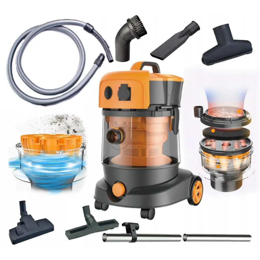 Industristøvsuger Syklonfilter 3500W med grå-oransje design, synlig vanntank og munnstykker fra skrå vinkel.