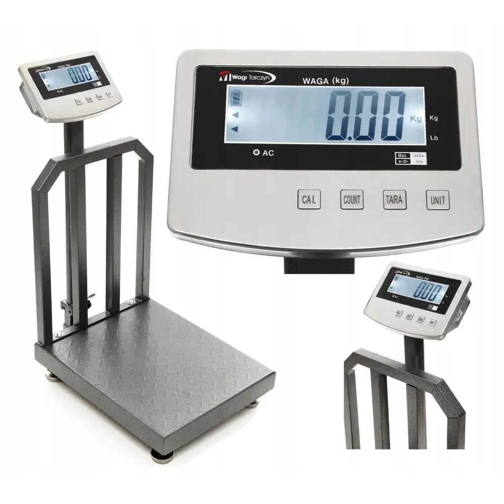 Digital industrivekt i grått metall med stor opphøyd skjerm og rillede lasteplate, fokus på display og knapper.