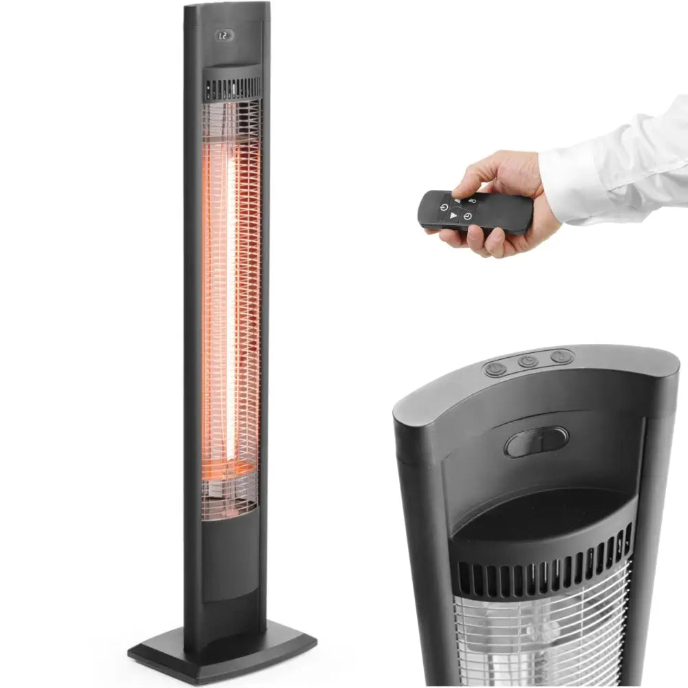 Infrarød varmelampe Tornado 2000 W, frontvisning med synlig kontrollpanel, fjernkontroll og oransje varmeelement.