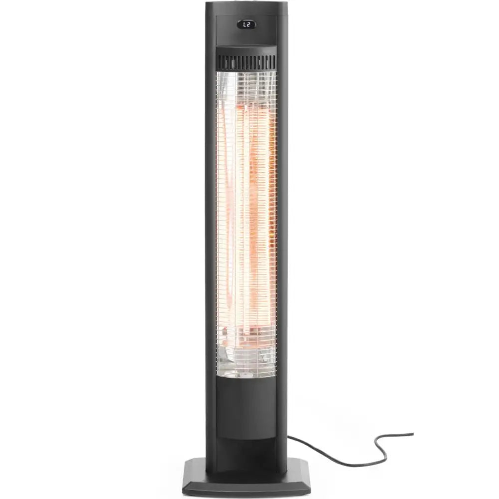 Infrarød varmelampe Tornado, frontbilde med synlig varmeelement, digital skjerm og beskyttelsesgitter.