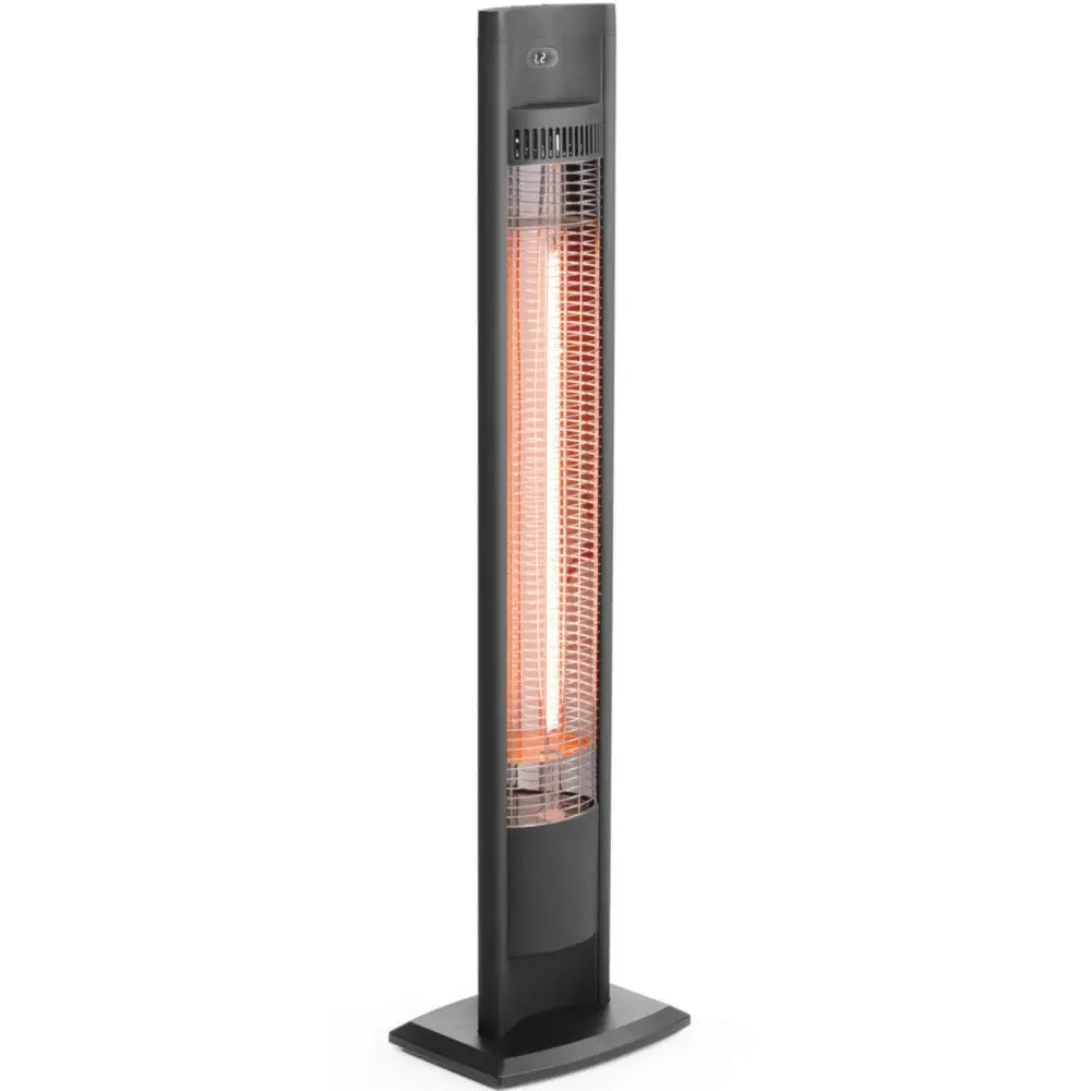 Infrarød varmelampe Tornado, frontbilde av svart søyleovn med oransje varmetråder bak metallgitter.