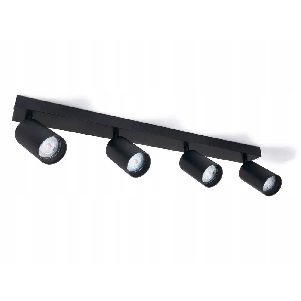 Innfelt halogen takspot i sort, fire sylinderformede justerbare lys mot hvit bakgrunn, moderne design.