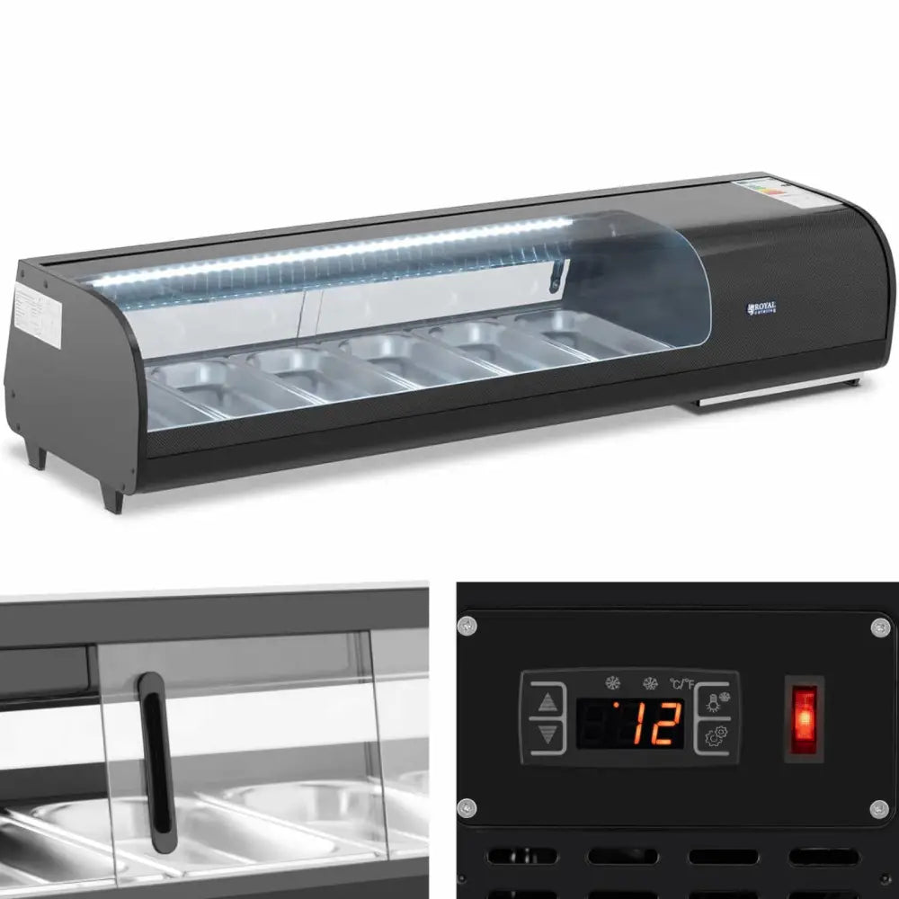 Innredning overkjølingsdisk, sort modell med buet glassfront, seks GN-beholdere og LED-belysning.