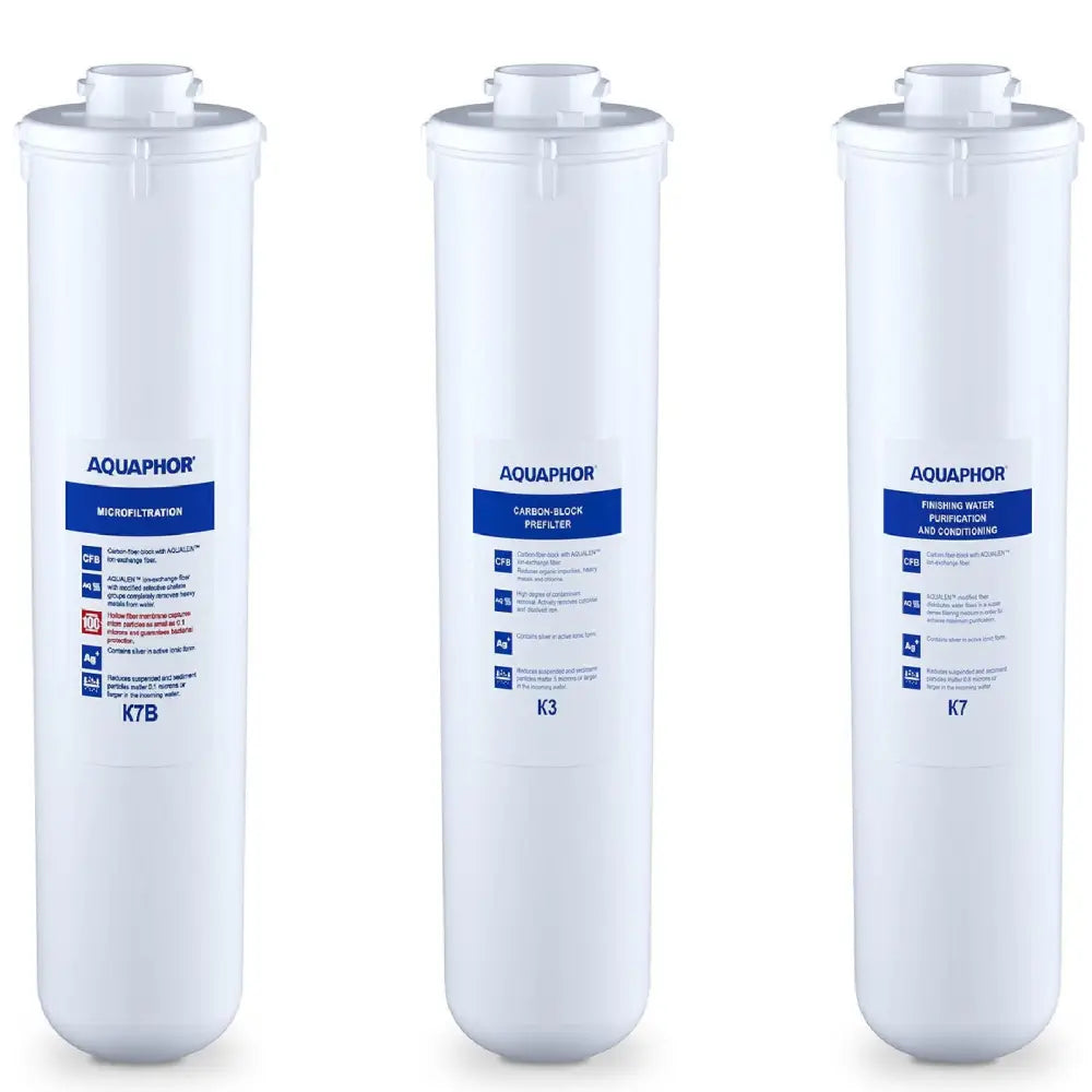 Tre hvite sylinderformede vannfiltre med blå etiketter, samlet som pakke med 3 til K3 K7 underfilter.