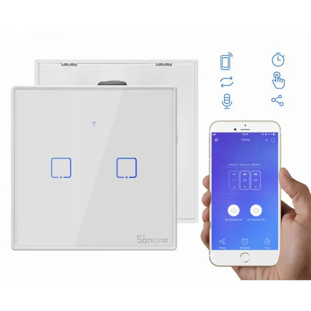 Intelligent bryter fra Sonoff med to blå belyste knapper, styres via app på smarttelefon, tekniske ikoner bak.