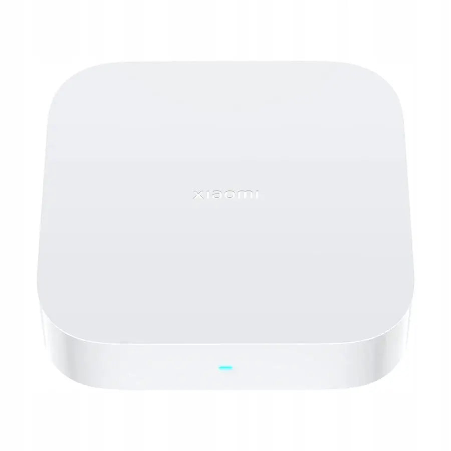 Xiaomi Smart Home Hub 2, hvit firkantet enhet med avrundede hjørner og frontmontert lysindikator.