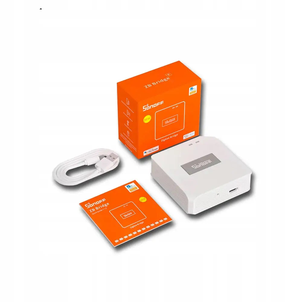 Intelligent sentralboks Zigbee 3.0 Wi-Fi Pro med USB-port, inkludert hvit USB-kabel, bruksanvisning og produkteske.