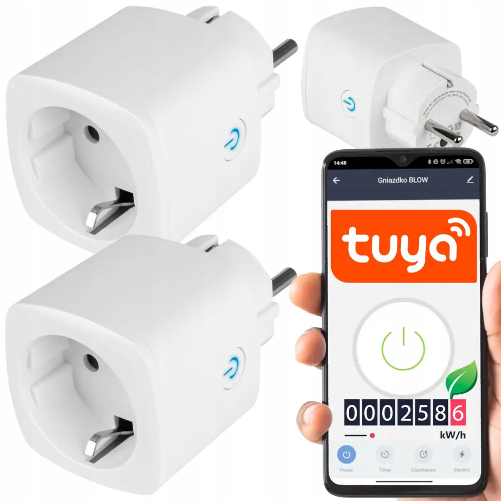 Intelligent stikkontakt fjernstyrt sett, to hvite plugger og appstyring vist med mobiltelefon.