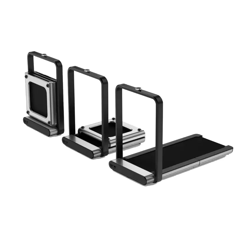 Tredemølle Kingsmith Walkingpad X21, sidevisning av tre sammenleggbare modeller i ulike utfoldingsstadier.