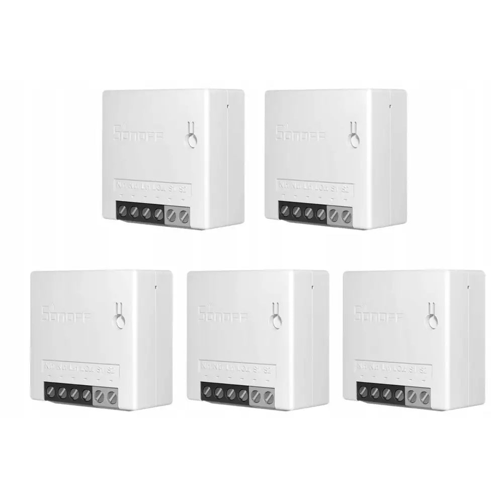 Intelligent Wi-Fi lysbryter Sonoff Mini R2, fem moduler med grå klemmer og diskret logo, sett skrått forfra.