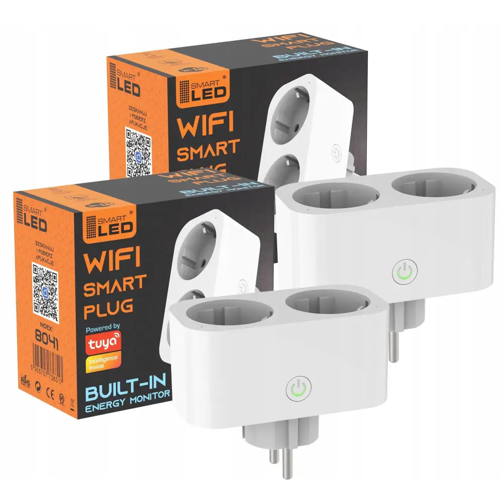 Intelligent WiFi-stikkontakt dobbel, to hvite enheter med grønne på-knapper og tilhørende esker foran.
