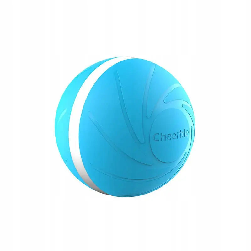 Interaktiv Ball for Hunder og Katter Cheerble W1, blå med hvit stripe og preget logo, mot hvit bakgrunn.