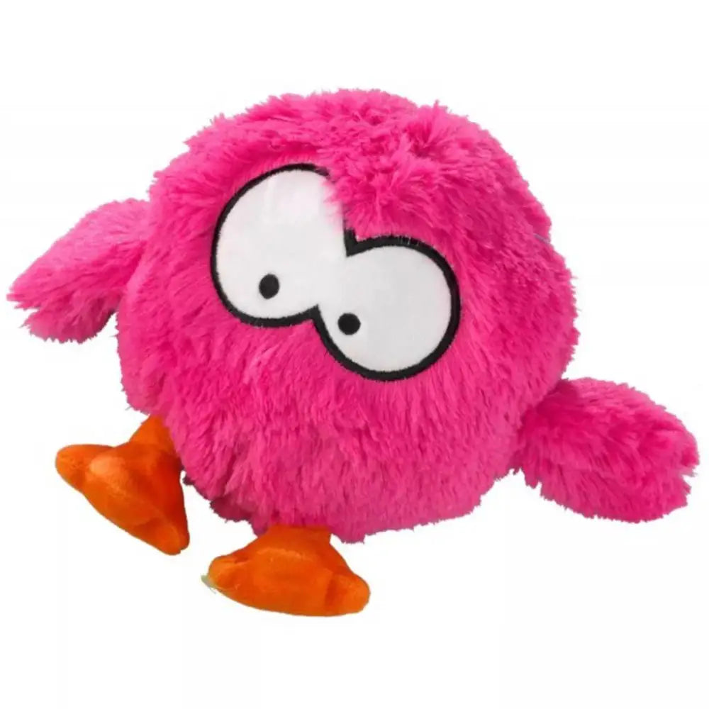 Interaktivt Hoppende Coockoo Bouncy Hundeleke, rosa plysjfigur med store øyne og gule føtter, skrå forfra.