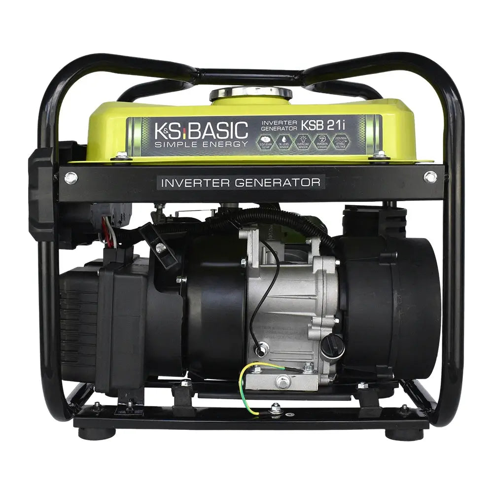 Inverter strømaggregat med sort ramme, gul topp og synlig sølvfarget motor sett forfra, tekst på fronten.