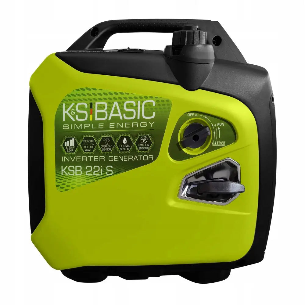 Inverter strømaggregat generator, grønn og svart modell med bærehåndtak og synlig kontrollpanel fra siden.