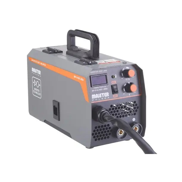 Inverter-sveiseapparat med IGBT-teknologi, skrå frontvisning av maskin med oransje detaljer, bærehåndtak og kontrollpanel.