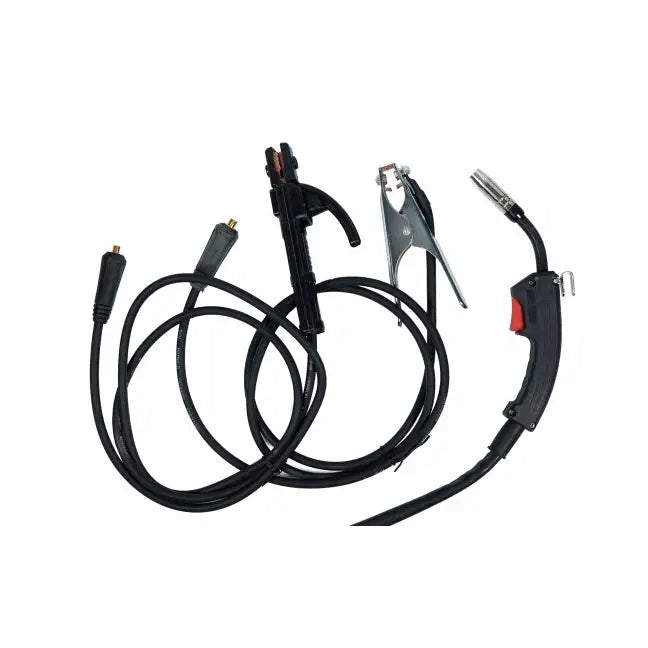 Inverter-sveiseapparat med sorte kabler, elektrodeholder og sveisehåndtak med rød knapp sett ovenfra.