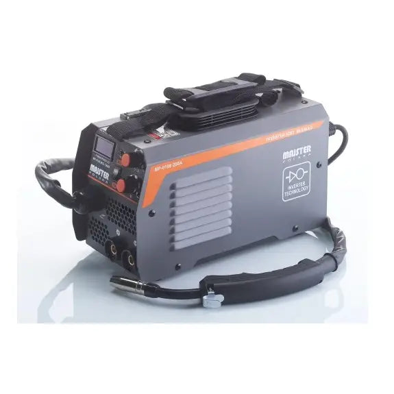 Inverter-sveiseapparat med IGBT-teknologi, skråvisning som fremhever oransje detaljer, skjerm og tilkoblinger.