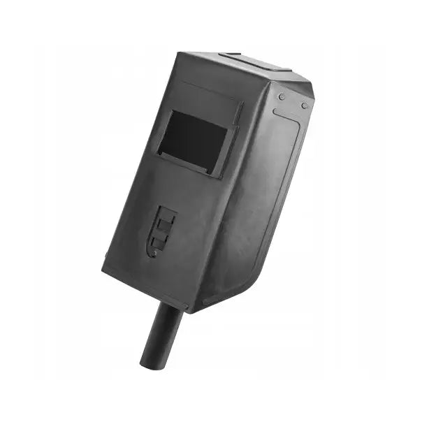 Svart sveiseskjerm i hard plast, skråvisning med tydelig rektangulært vindu og markerte sidekonturer.