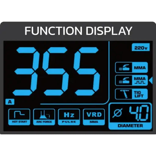 Inverter sveiseapparat med digitalt frontpanel, blå LED-skjerm og tydelige funksjonsknapper for sveisemoduser.