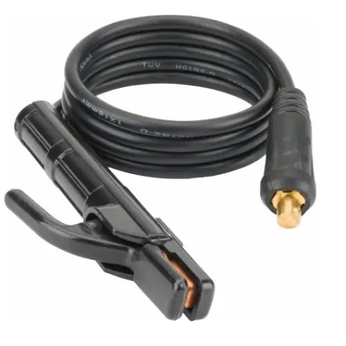 Sort elektrodeholderkabel til sveiseapparat, sammenrullet med synlige kobberelementer og messingkontakt, sidevisning.