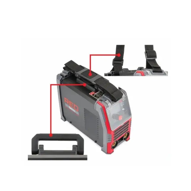 Inverter sveiseapparat med LCD, sidevisning som fremhever sort bærestropp, håndtak og detaljerte festeanordninger.