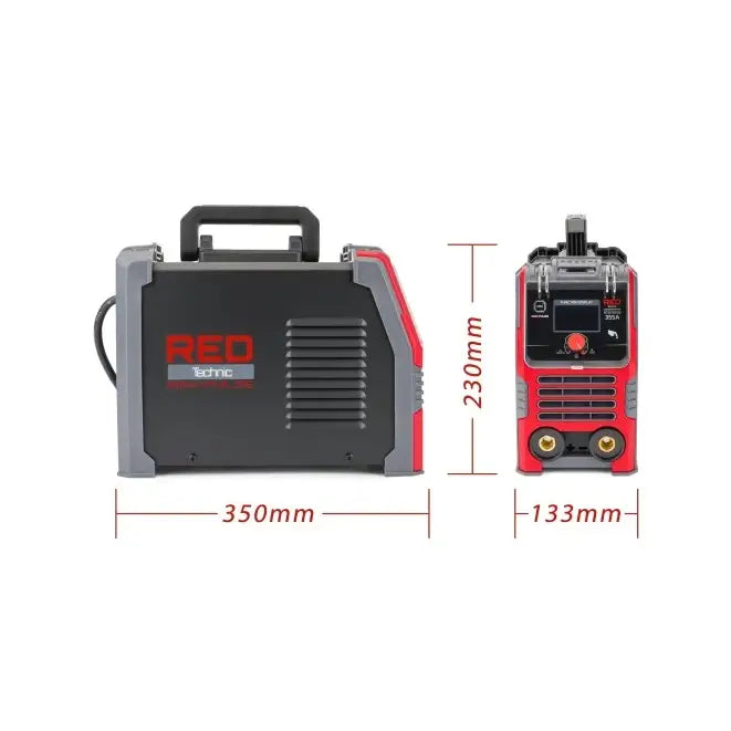 Inverter sveiseapparat med LCD, vist fra siden og fronten med mål og detaljerte kontroller synlige.