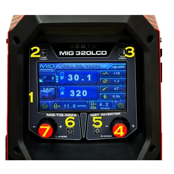 Kontrollpanel på Migomat Ideal Tecno Mig 320, frontvisning med stor LCD-skjerm, knapper og innstillingshjul.