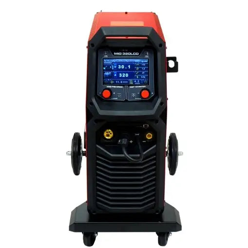 Invertersveiseapparat Migomat Ideal Tecno Mig 320, frontvisning med LCD-display, knapper og tilkoblinger på hjul.