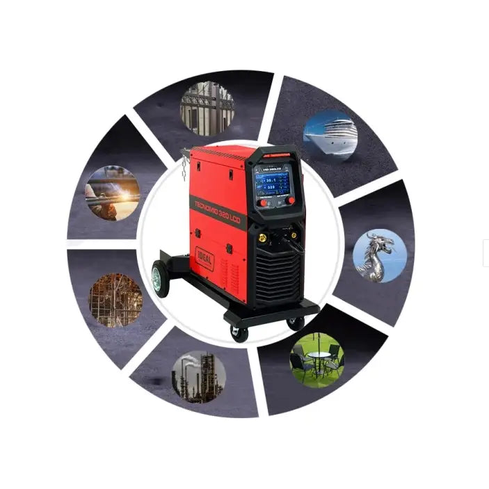 Invertersveiseapparat Migomat Ideal Tecno Mig 320, skrå forfra med LCD-display og bruksområder i bakgrunnen.