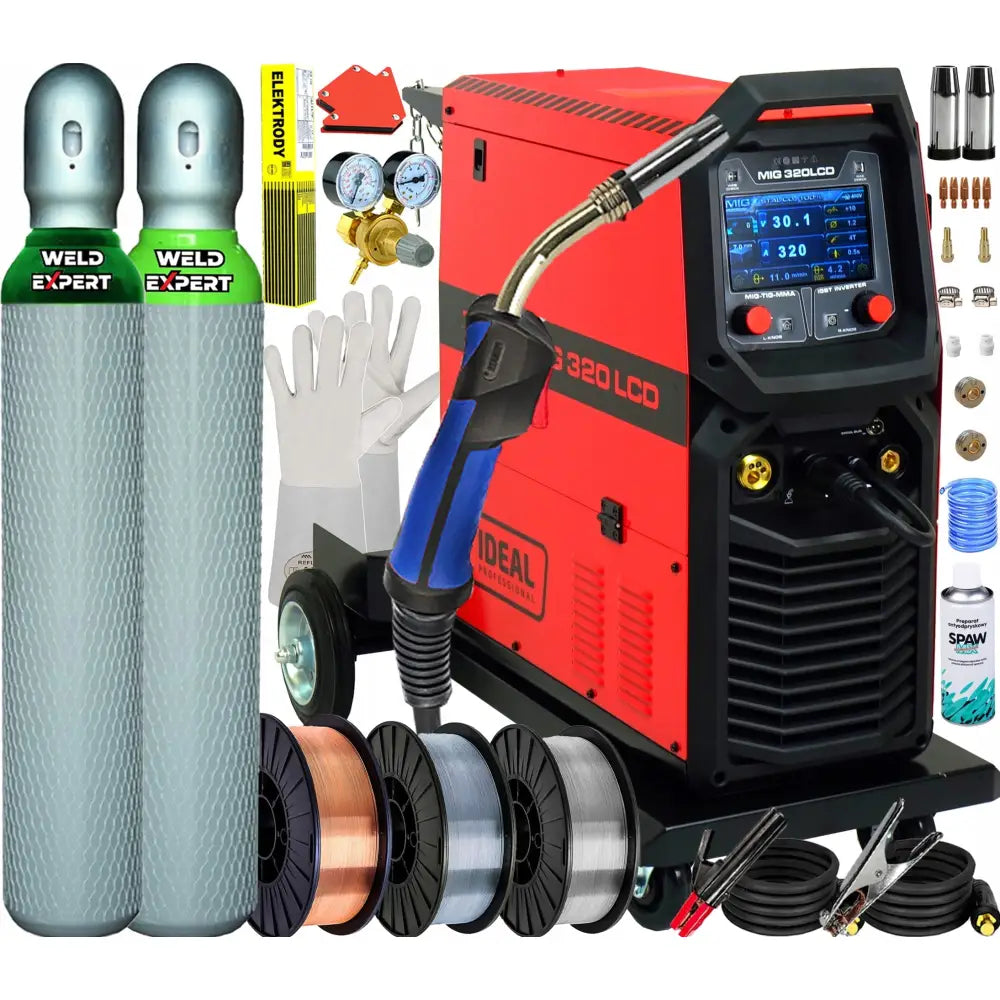Invertersveiseapparat Migomat Ideal Tecno Mig 320 LCD med komplett tilbehør sett forfra, inkludert gassflasker og hansker.