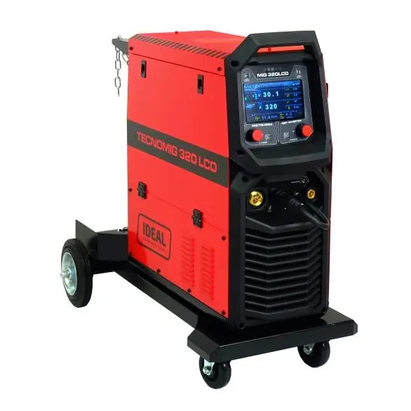 Invertersveiseapparat Migomat Ideal Tecno Mig 320, skrå frontvisning med LCD-panel og ventilasjonsriller.