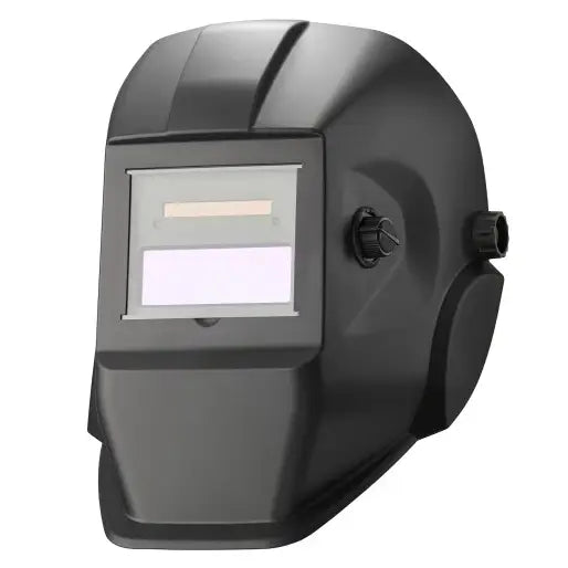 Sort sveiseskjerm med justeringshjul og rektangulært visir, skrå vinkel mot nøytral hvit bakgrunn.