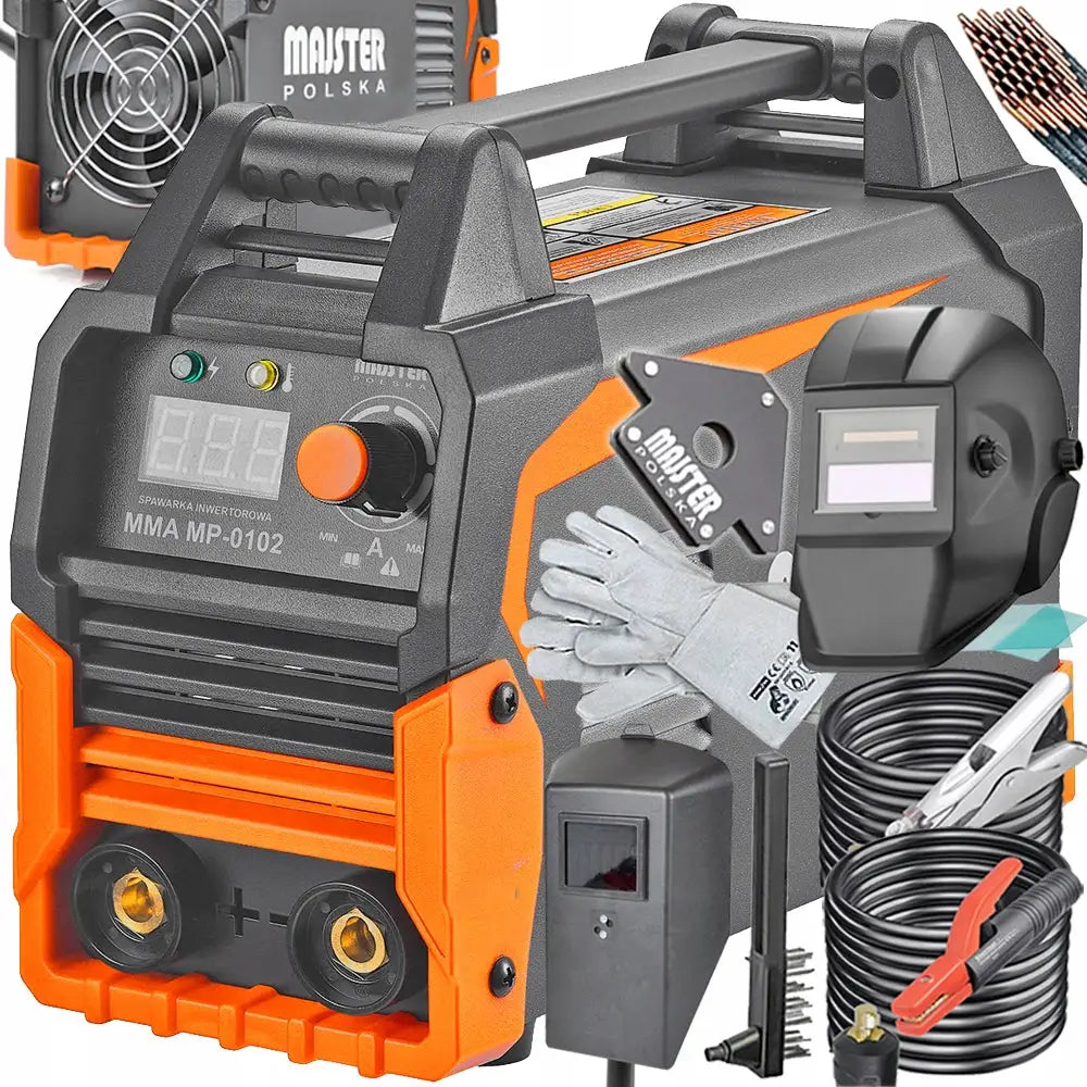 Invertersveisemaskin 315A LCD med komplett tilbehør, skråvisning som viser hjelmutstyr, kabler og magnetisk holder.