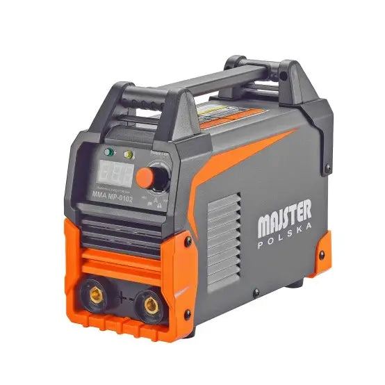 Invertersveisemaskin 315A, skrå forside som viser digitalt display, kontrollknapp og oransje bærehåndtak.