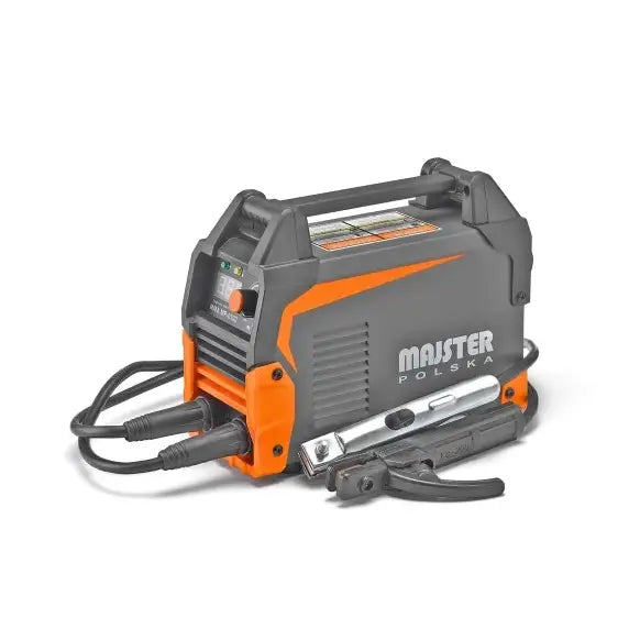 Invertersveisemaskin 315A, skråvisning med tilkoblede kabler, sveiseutstyr og synlig oransje bærehåndtak.