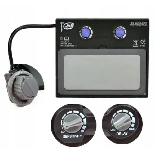 Invertersveisemaskin 315A Lcd, oversiktsbilde av topp med blå justeringsratt, display og knotter for sensitivitet og forsinkelse.