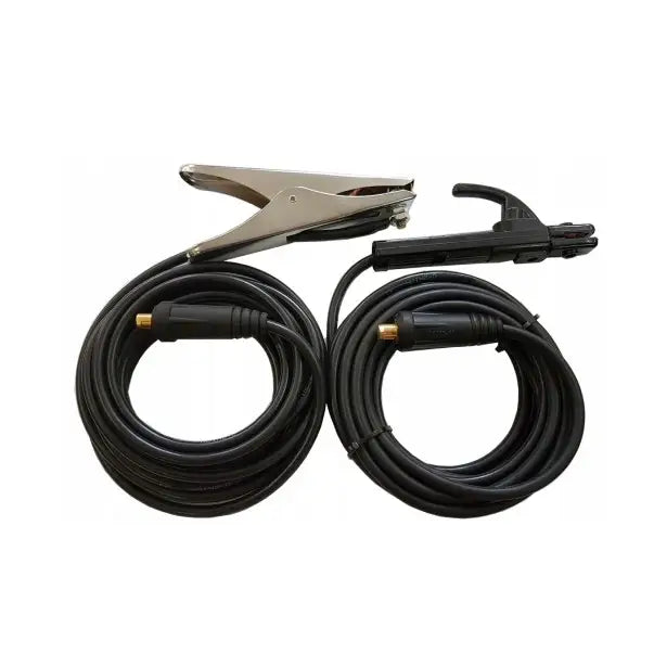 Invertersveisemaskin 315A Lcd, sett ovenfra med to sorte kabler, metallisk klemme og sort elektrodeholder på hvit bakgrunn.