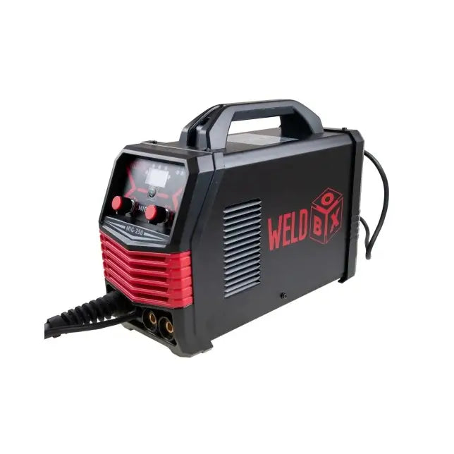 Invertersveisemaskin Mig 250, sort og rød modell med display, knotter og bærehåndtak, sett skrått forfra.