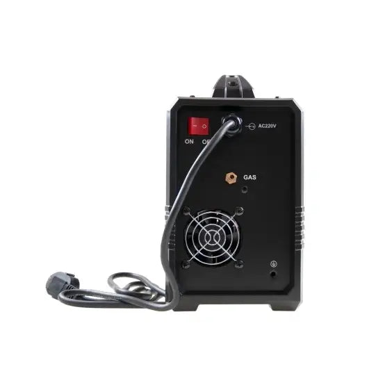 Invertersveisemaskin Mig 250 bakside med synlig strømkabel, vifte, gassinngang og av/på-bryter.