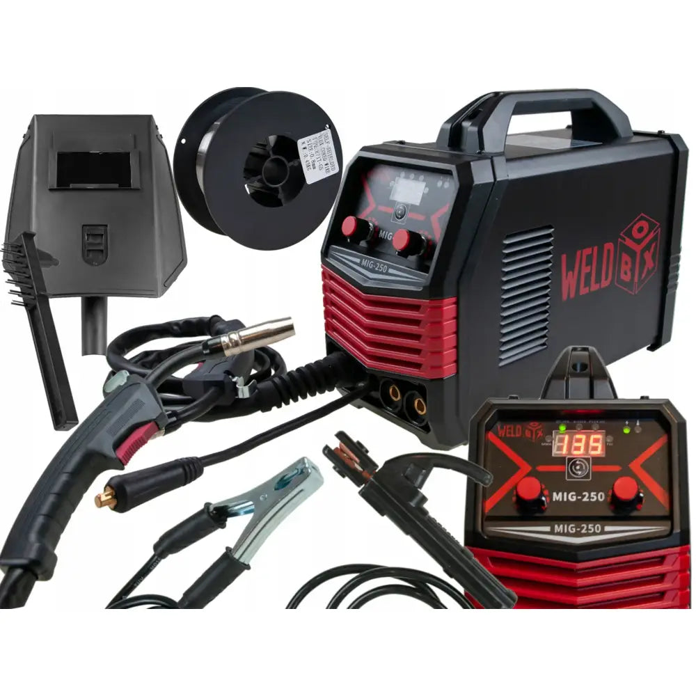 Invertersveisemaskin Mig 250 med sveisemaske, håndtak, kabler og trådspole sett fra skrå vinkel.