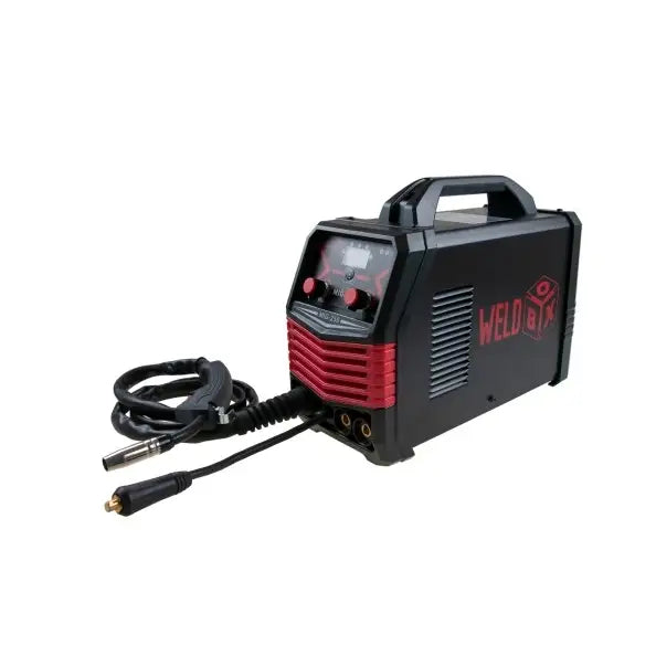 Invertersveisemaskin Mig 250, skrå frontvisning med knotter, koblinger og tilkoblet elektrodeholder.