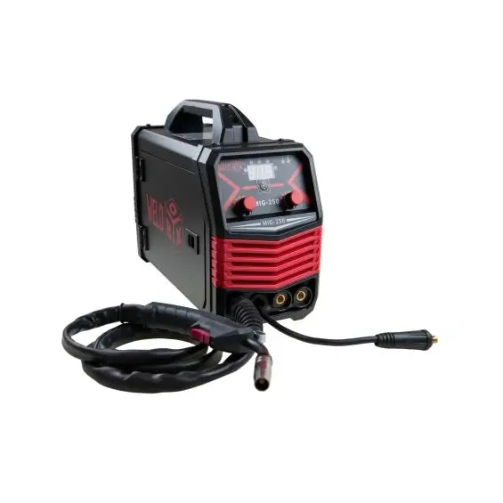Invertersveisemaskin Mig 250, sort og rød modell med bærehåndtak og sveisekabel tilkoblet fronten.